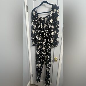 PrettyLittleThing Black and Cream Floral Long Sleeve jumpsuit NWOT